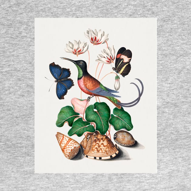 Crimson topaz hummingbird, cyclamen, red postman, and shells by Veiovis